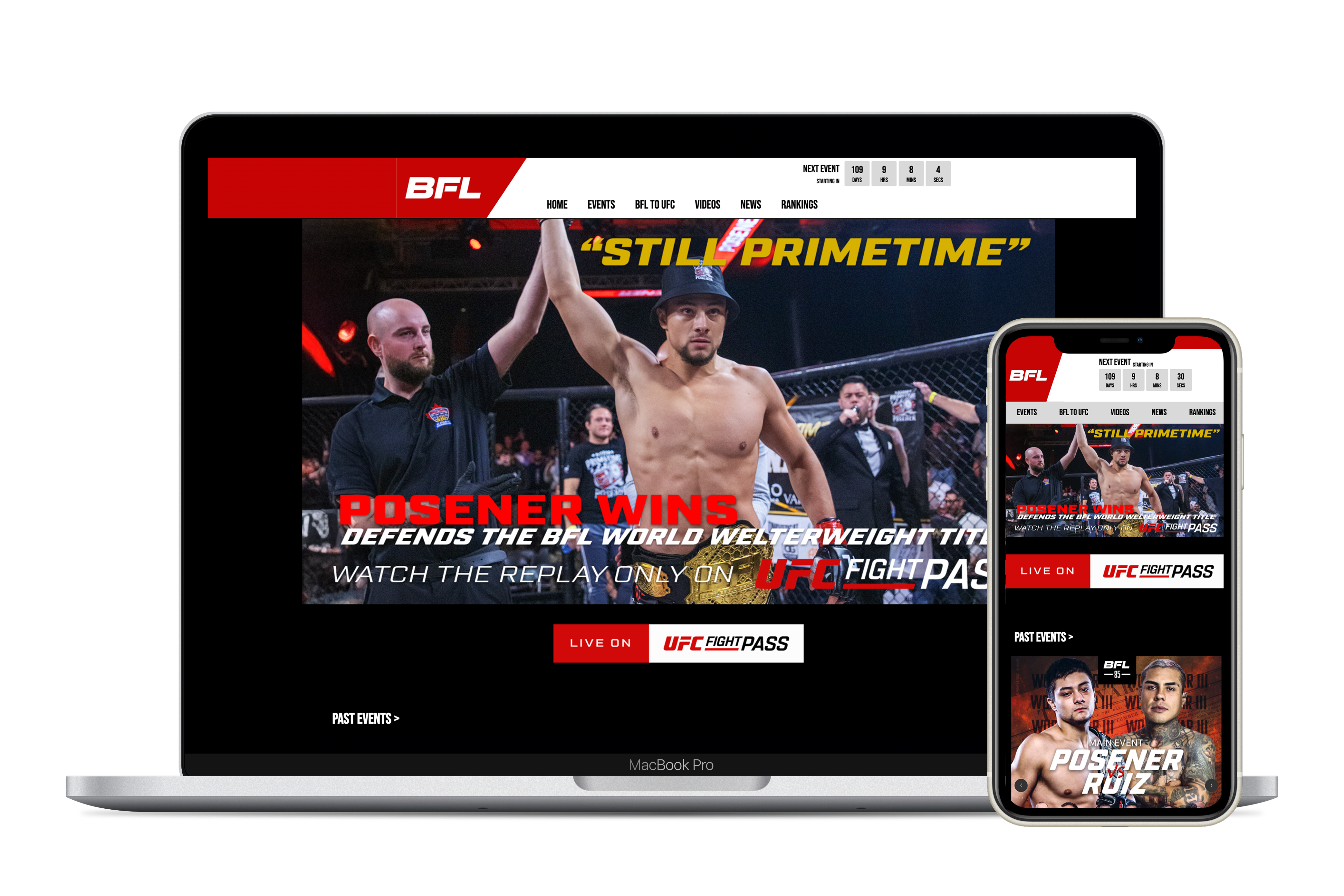 Homepage redesign with responsive layout, event countdown, and fighter highlights